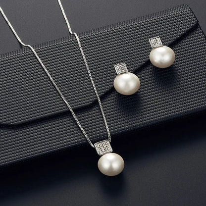 Elegant Pearl Pendant Necklace & Stud Earrings Set – Silver Tone