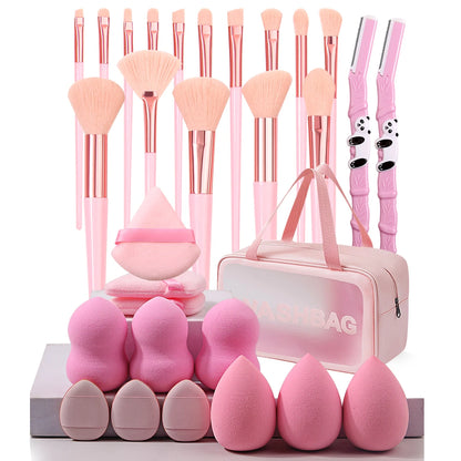 15-Piece Professional Makeup Brush Set with Sponge, Eyebrow Trimmer & Waterproof Bag