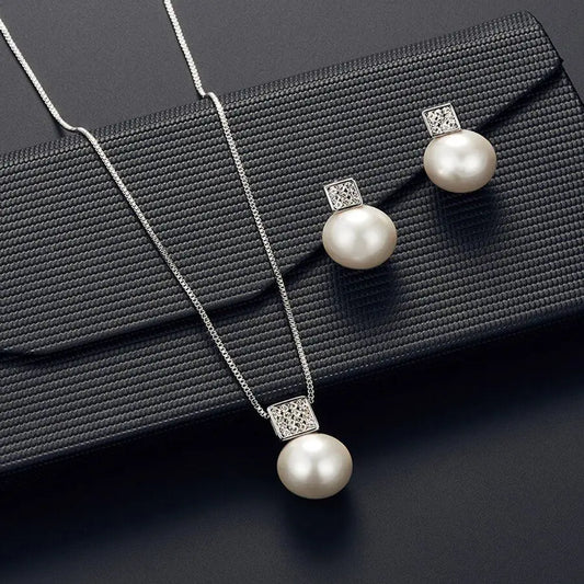 Elegant Pearl Pendant Necklace & Stud Earrings Set – Silver Tone