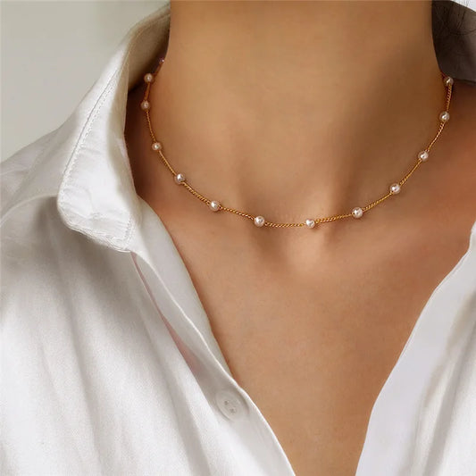 Kpop Pearl Choker Necklace for Women – Gold Bead Pendant Collar